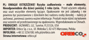 Tył opakowania figurki Pokemon: polskie ostrzeżenie (małe elementy) oraz dane producenta Orbico i importera.