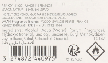 Tył perfum Kenzo L'Eau Pour Femme, zbliżenie na etykietę ze składem, kodem kreskowym i symbolami ostrzegawczymi.