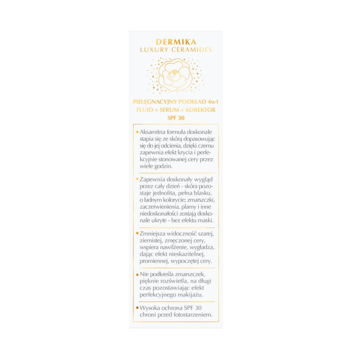 Tył białego opakowania podkładu Dermika Luxury Ceramides SPF 30, szczegółowy tekst o składnikach.