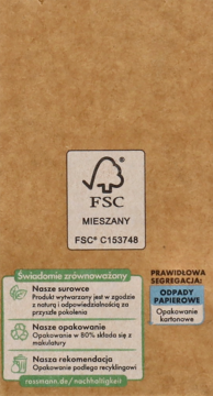 Tył brązowego opakowania kuli do masażu z certyfikatem FSC i etykietami o recyklingu papierowym.
