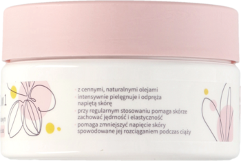 Tył białego słoika Mamas Babydream Masło do ciała 2w1 z różową nakrętką, polskim opisem i kwiatowymi rysunkami.