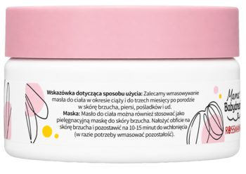 Tył słoika Mamas Babydream Masło do ciała 2 w 1, biały z różową pokrywką i polskim tekstem instrukcji.