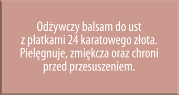 Grafika reklamowa: różowobrązowy panel z białym tekstem o balsamie NAM z 24k złotem, nawilżającym usta.