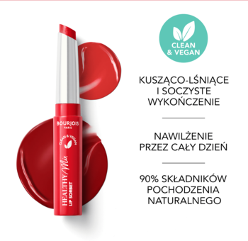Czerwona, lśniąca pomadka Bourjois Healthy Mix Lip Sorbet na białym tle, obok duży błyszczący swatch.