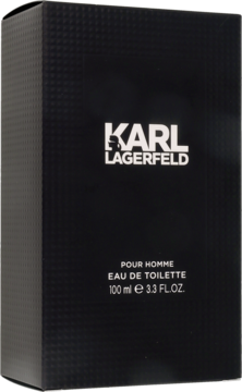 Czarne matowe pudełko wody toaletowej Karl Lagerfeld Pour Homme 100ml, z teksturą i białym napisem, widok pod kątem.