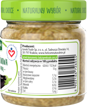 Tył słoika bezglutenowej pasty bakłażanowej z papryką, widok etykiety producenta i wartości odżywczych.