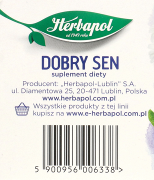 Zbliżenie na tył opakowania Herbapol Dobry Sen, suplementu diety, z kodem kreskowym i danymi producenta.