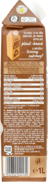 Tył brązowego kartonu Tymbark Just Plants Barista Napój owsiany 1L, z tabelą odżywczą, składnikami, kodem.