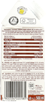 Tył opakowania Tymbark Just Plants Owies Orzech Laskowy 500ml z tabelą wartości odżywczych i składem.