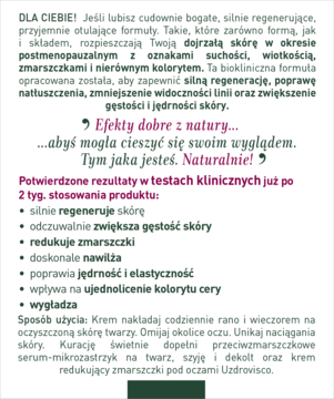 Opis kremu Bioklinika 70+ z etykiety: regeneracja, redukcja zmarszczek, nawilżenie, ujędrnienie skóry dojrzałej.