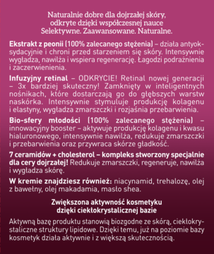Opis składu kremu Bioklinika 70+ Przeciwzmarszczkowego: retinal, ceramidy, peonia, biały tekst na różowym tle.