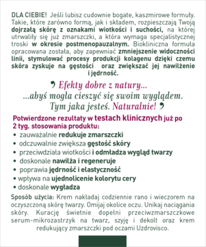 Bioklinika 60+ krem przeciwzmarszczkowy – zbliżenie na fragment ulotki z opisem produktu i wskazówkami.