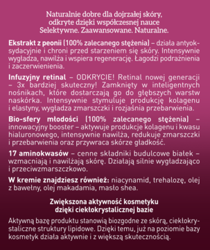 Opis kremu Bioklinika 60+ z retinalem, peonią, aminokwasami. Właściwości dla skóry dojrzałej, różowe tło.