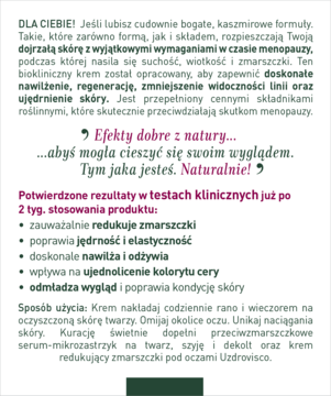 Pionowy blok tekstu reklamowego kremu Bioklinika 50+ o nawilżeniu, redukcji zmarszczek i ujędrnianiu.