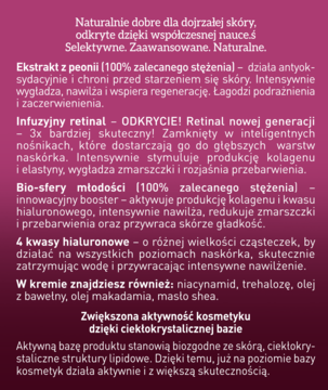 Tekst z ulotki kremu Bioklinika 50+ przeciwzmarszczkowego: retinal, peonia, kwasy hialuronowe dla skóry dojrzałej.
