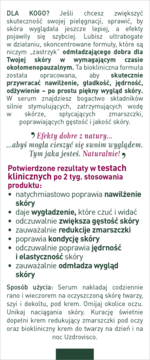Tekstowy opis serum Bioklinika 50-70+ na białym tle, z potwierdzonymi rezultatami i sposobem użycia.