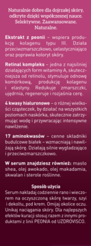 Różowa etykieta serum Bioklinika PEONIA z opisem składników: retinol, kwasy hialuronowe, peonia, aminokwasy.