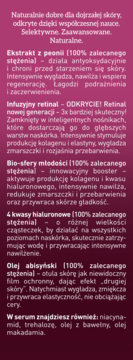 Panel informacyjny serum Bioklinika 50-70+, fioletowe tło, biały tekst o składnikach: peonia, retinal, kwasy hialuronowe, oleje.