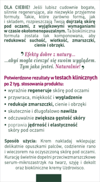 Tekst reklamy kremu pod oczy Bioklinika, opisujący regenerację, redukcję zmarszczek i potwierdzone rezultaty.