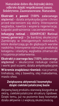 Zdjęcie tekstu: opis kremu Bioklinika 50-70+, składniki (retinal, peonia), działanie, na fioletowym tle.