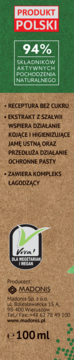 Tył opakowania pasty Madonis z szałwią. Widoczny napis Produkt Polski, 94% naturalnych składników, certyfikat VIVA, 100 ml.