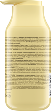 Tył żółtej butelki Holify Energetyzującego balsamu do ciała z pompką, widoczny opis i 97% naturalnych składników.