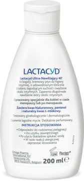Biała butelka Lactacyd Ultra-Nawilżający 40+ płynu do higieny intymnej, widok z tyłu z pełną etykietą.