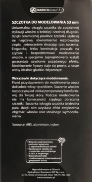 Tył czarnego opakowania szczotki do modelowania 53mm z ceramiczną powłoką, biały tekst, instrukcje.