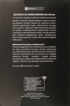 Tył czarnego opakowania szczotki do modelowania XXL 80 mm, z białym tekstem i logiem MARKWEN QUALITAT.
