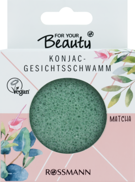 For Your Beauty Konjac gąbka do twarzy matcha, zielona, okrągła, w jasnoróżowym opakowaniu Rossmann.