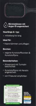 Tył czarnego opakowania szczotki do włosów z poduszką z arganem, pinami z keratyną i turmalinem.
