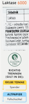 Tył opakowania Laktase 6000, z logo bez glutenu i instrukcją segregacji odpadów: Gelbe Tonne i Altpapier.