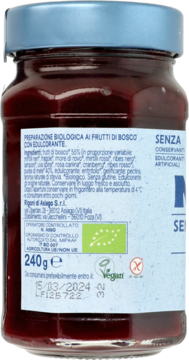 Tył słoika dżemu bio z owoców leśnych 240g, etykieta z włoskim opisem, logo BIO, Vegan, bez glutenu.
