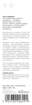 Tył opakowania serum do twarzy YOPE Skin Progress 40ml, biała etykieta z czarnym tekstem i kodem kreskowym.