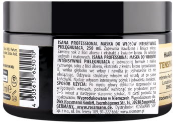 Tył maski ISANA PROFESSIONAL 250ml, intensywnie pielęgnująca, czarny słoik, etykieta z opisem, kod kreskowy.