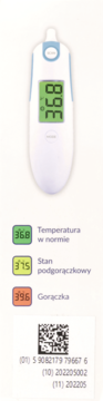 Biały termometr bezdotykowy Air Doctor z wyświetlaczem 36.8C, poniżej legenda temperatur i kod QR.
