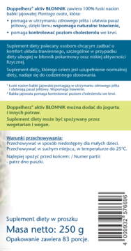 Tył opakowania Doppelherz BŁONNIK 250g, suplement diety z babką jajowatą, widoczne szczegóły i kod EAN.