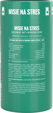 Zielone opakowanie Misie na Stres, żelki na stres z 8 składnikami i smakiem brzoskwiniowym.