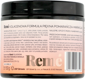 Tył ciemnego słoika Remé kolagenowa formuła piękna pomarańcza-marakuja z białą etykietą i kodem kreskowym.