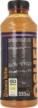 Tył butelki OSHEE Vitamin Tattoo, izotoniczny napój 555ml, edycja limitowana, widoczny tekst i logo Go Green.
