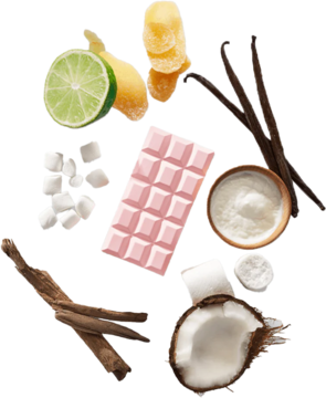 Nuty zapachowe Sweet Tooth: laska wanilii, kokos, imbir, limonka, różowa czekolada na jasnym tle.