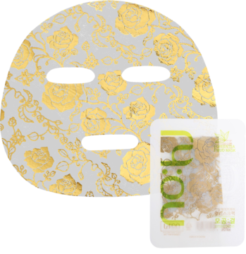 Maska w płachcie NO:HJ Texture Mask, szara ze złotymi różami, obok sachet z logo.