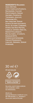 Serum do twarzy Ziaja Naturalnie Nawilżamy, tył opakowania, brązowe tło, białe napisy składników, testowane dermatologicznie.