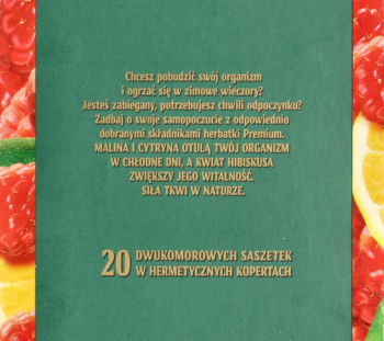 Tył ciemnozielonego opakowania herbaty ekspresowej malina-cytryna z białym tekstem i grafiką owoców.