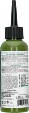 Tył oliwkowo-zielonej butelki Petal Fresh Pure Enzymatic Acid Scalp Peeling 100ml, z etykietą i kodami QR.