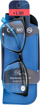 Czarne i niebieskie okulary do czytania +1.00 D z niebieskim etui, pionowo, z etykietą produktową.