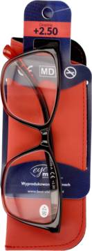 Czarne okulary do czytania z czerwonymi zausznikami w etui, widok z góry, dioptria +2.50.