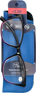 Okulary do czytania Eye mi +3.00 w czarno-fioletowych oprawkach, z niebieskim etui, widok z przodu.