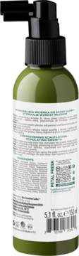 Tył zielonej wcierki Petal Fresh Pure do skóry głowy z pompką na porost włosów 150ml. Widoczne składniki i kod kreskowy.