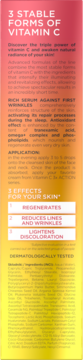 Opakowanie serum Vitamin C 3xAction, gradient różowo-pomarańczowy, z tekstem '3 STABLE FORMS OF VITAMIN C'.